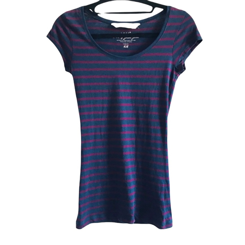 H&M Striped Print Short Sleeve Slim Top Size XS